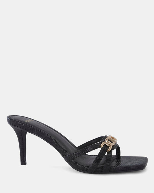 Image of Sandals. Product name - Ursino Women's Strappy Low Heel BLACK LIZARD Novo Sandals in Black Lizard colour by brand - NOVO