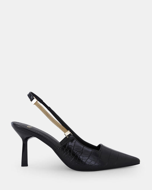 Image of Shoes. Product name - Inigo Women's Court Low Heel Black Croc Novo Court in Black Croc colour by brand - NOVO
