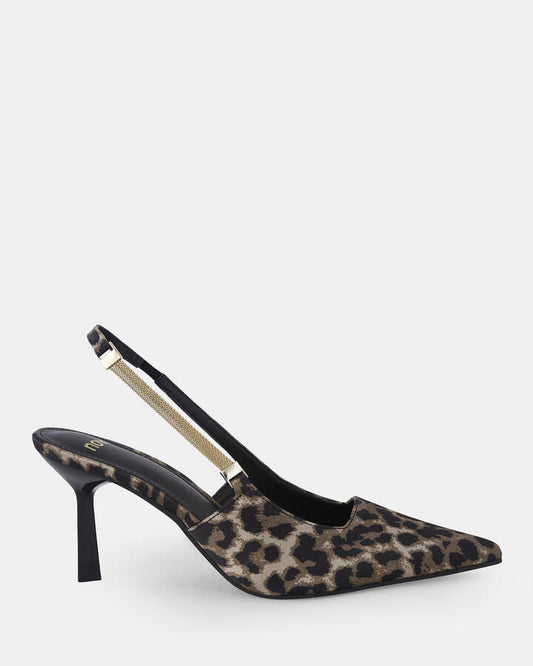 Image of Shoes. Product name - Inigo Women's Court Low Heel LEOPARD SATIN Novo Court in Leopard Satin colour by brand - NOVO
