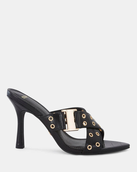 Image of Sandals. Product name - Nola Women's Strappy High Heel Black Croc Novo Sandals in Black Croc colour by brand - NOVO