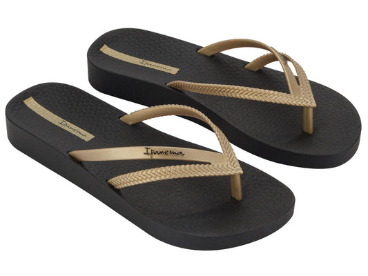 Image of Sandals. Product name - Bossa Soft V Women's Ipanema BLACK/GOLD GRENDENE in Black/Gold colour by brand - IPANEMA