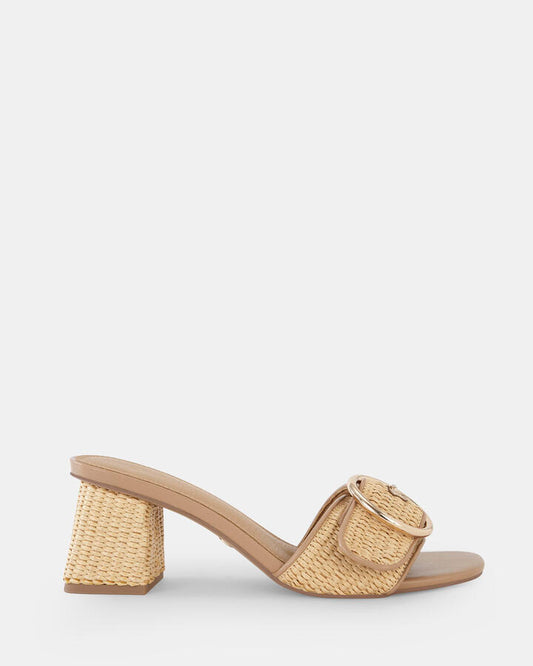 Image of Sandals. Product name - Umayma Women's Strappy Low Heel RAFFIA Novo Sandals in Raffia colour by brand - NOVO