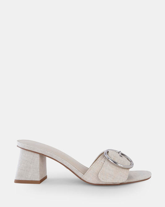 Image of Sandals. Product name - Umayma Women's Strappy Low Heel LINEN Novo Sandals in Linen colour by brand - NOVO