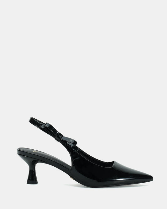 Image of Shoes. Product name - Indi Women's Court Low Heel Black Patent Novo Court in Black Patent colour by brand - NOVO
