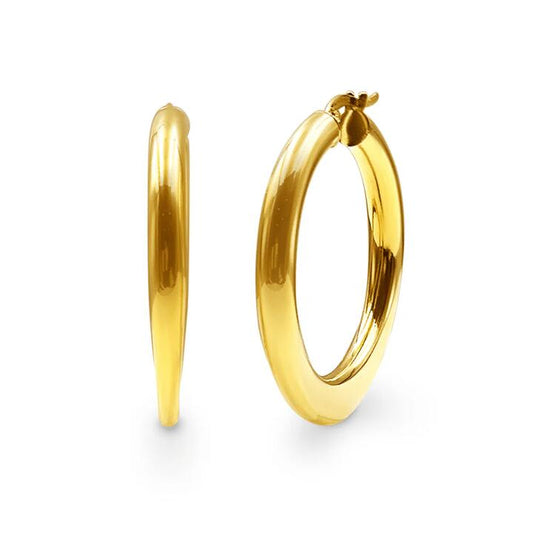 Image of Earrings. Productname: 9kt Yellow Gold Bonded Bold Knife Edge Round Hoop Earrings in colour by brand - Bevilles