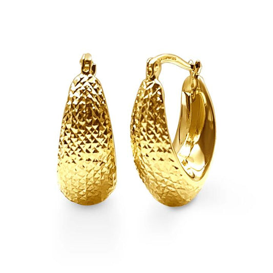 Image of Earrings. Productname: 9kt Yellow Gold Silver Infused Diamond Cut Oval Hoop Earrings in Gold colour by brand - Bevilles