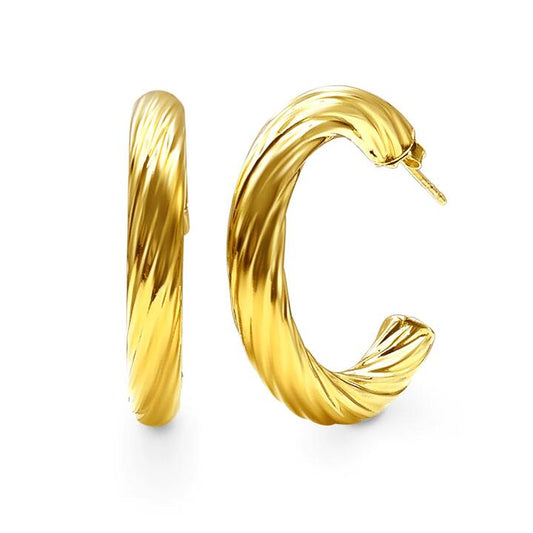 Image of Earrings. Productname: 9kt Yellow Gold Silver Infused Large Twist Chunky Hoop Earrings in Gold colour by brand - Bevilles