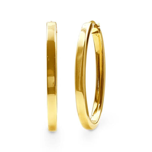 Image of Earrings. Productname: 9kt Yellow Gold Bonded Flat Tube Oval Hoop Earrings in colour by brand - Bevilles