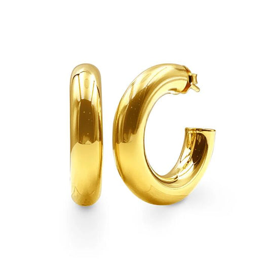 Image of Earrings. Product name - 9kt Yellow Gold Bonded Medium Open Tube Hoop Earrings in colour by brand - Bevilles