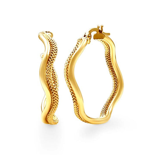 Image of Earrings. Productname: Organic Wave Hoop Earrings in 9kt Yellow Gold in Gold colour by brand - Bevilles
