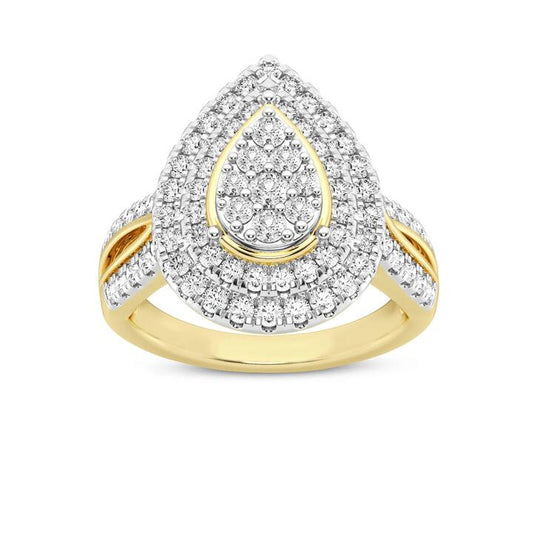 Image of Jewelry. Productname: Double Pear Halo Ring with 1.00ct of Diamonds in 9kt Yellow Gold in Diamond colour by brand - Bevilles