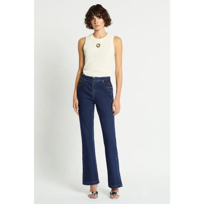 Image of a model wearing Denim. Productname: Classico Bootleg Jean in Indigo colour by brand - sass and bide