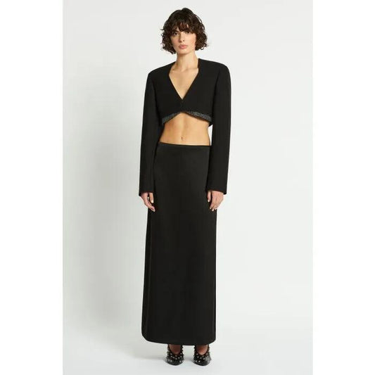 Image of a model wearing Outerwear. Productname: Kyoto Cropped Blazer in Black colour by brand - sass and bide