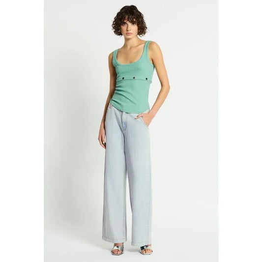 Image of a model wearing Tops. Productname: Studded Tank in TEAL colour by brand - sass and bide