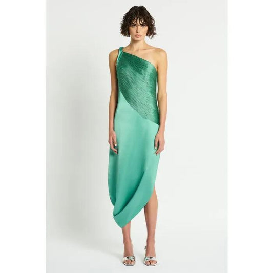 Image of a model wearing Dress. Productname: Kyoto Fringe Dress in Mint colour by brand - sass and bide