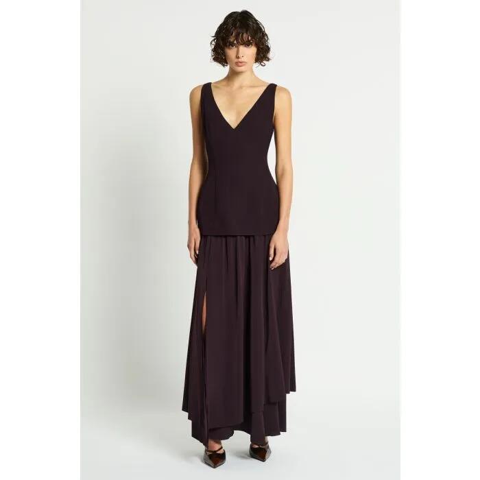 Image of a model wearing Dress. Productname: Contrast World Dress in WINE colour by brand - sass and bide