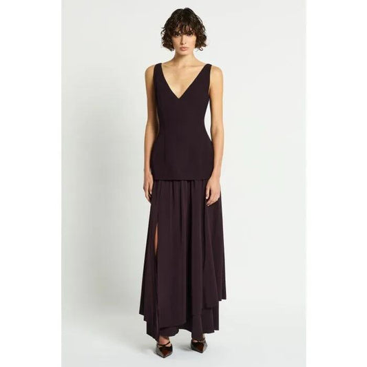 Image of a model wearing Dress. Productname: Contrast World Dress in WINE colour by brand - sass and bide