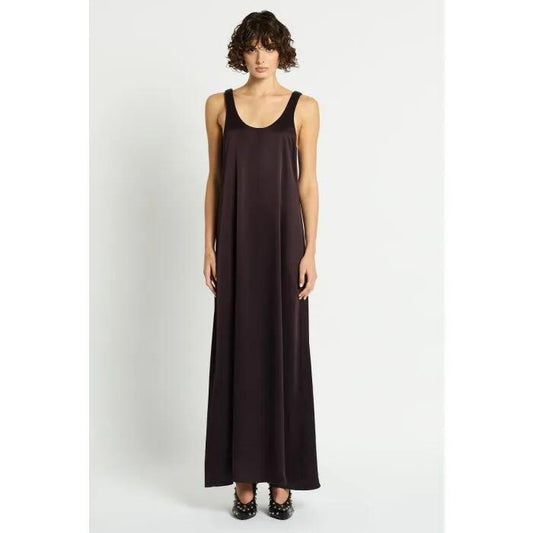 Image of a model wearing Dress. Productname: Xenia Maxi Dress in WINE colour by brand - sass and bide