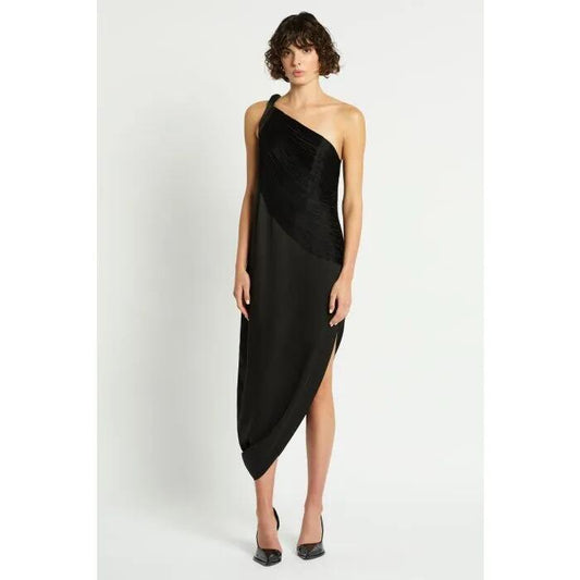 Image of a model wearing Dress. Productname: Kyoto Fringe Dress in NOIR colour by brand - sass and bide