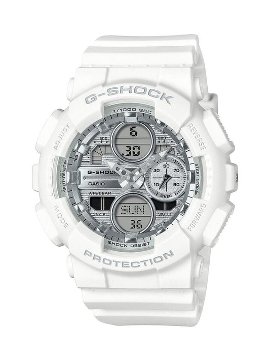 Image of Watches. Productname: Casio G Shock Mid Duo Island Vaca S/Watch Alarm 200MSilver Face White Resin Band GMAS140VA-7A in Watch colour by brand - Casio