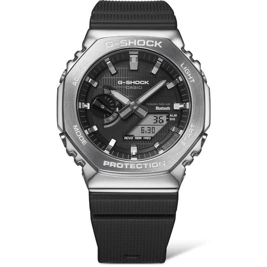 Image of Watches. Productname: Casio G Shock Duo Metal Covered Solar Bluetooth Worldtime Stopwatch 200M Water Resistant Black Face And Black Resin Band GBM2100-1A in Watch colour by brand - Casio