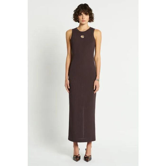 Image of a model wearing Dress. Productname: Detour Rib Dress in CHOC colour by brand - sass and bide