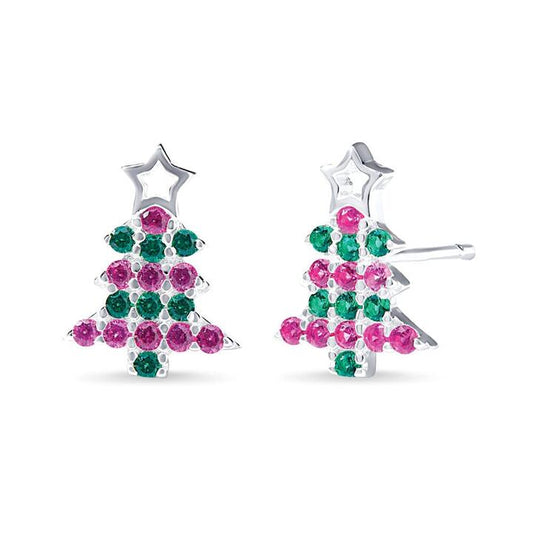 Image of Earrings. Productname: Christmas Tree Stud Earrings with Red and Green Cubic Zirconia in Sterling Silver in Silver colour by brand - Bevilles