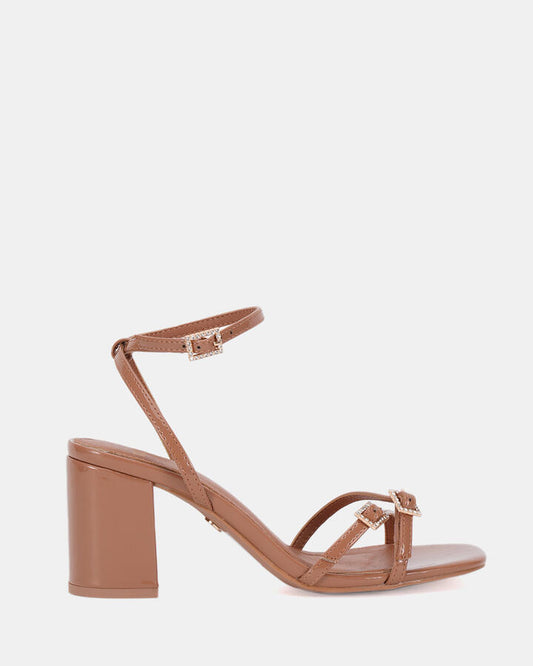 Image of Sandals. Product name - Magali Women's Strappy High Heel TOFFEE PATENT Novo Sandals in Toffee Patent colour by brand - NOVO