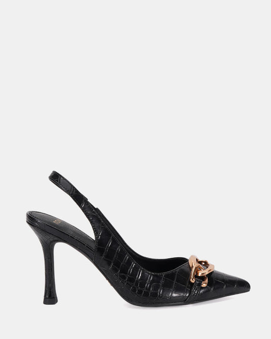 Image of Shoes. Product name - Idalia Women's Court High Heel Black Croc Novo Court in Black Croc colour by brand - NOVO
