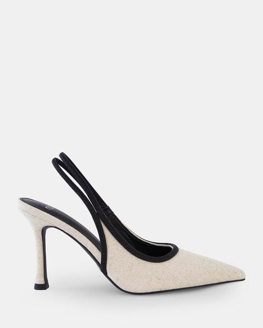 Image of Shoes. Product name - Ianthe Women's Court High Heel LINEN Novo Court in Linen colour by brand - NOVO