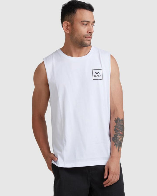 Image of a model wearing Tops. Productname: RVCA Mens Va All The Ways Muscle Shirts White - in White colour by brand - RVCA