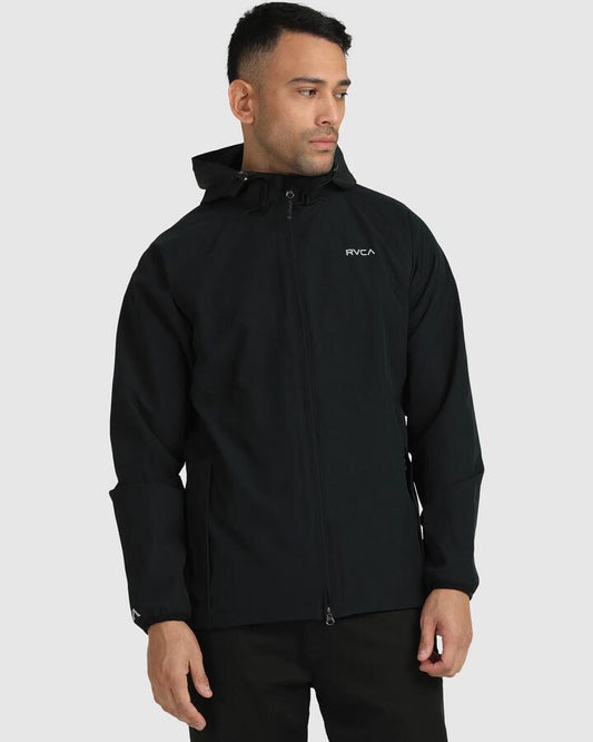 Image of a model wearing Outerwear. Productname: RVCA - Mens Va Windbreaker Windproof Jackets - Black - in Black colour by brand - RVCA