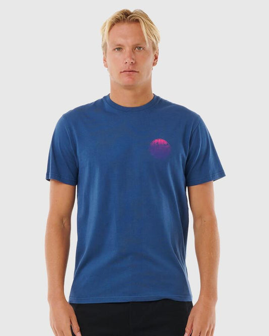 Image of a model wearing Tops. Productname: Rip Curl Mens Wetsuit Icon T-Shirt Washed Navy - in Washed Navy colour by brand - Rip Curl