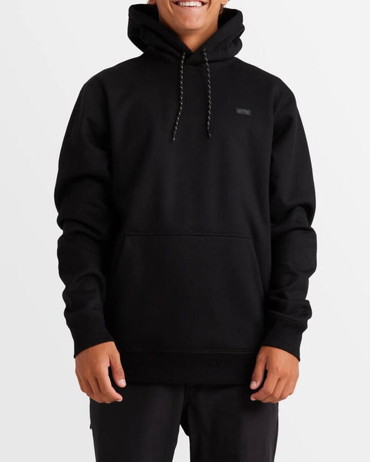 Image of a model wearing Outerwear. Product name - Billabong Mens Shoreline Pullover Hoodie Black in Black colour by brand - Billabong