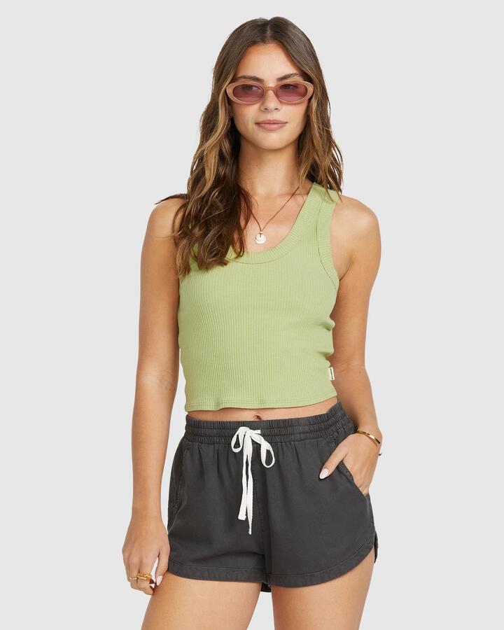 Image of a model wearing Shorts. Productname: Billabong - Womens Road Trippin Elastic Waist Shorts - Off Black - in Off Black colour by brand - Billabong