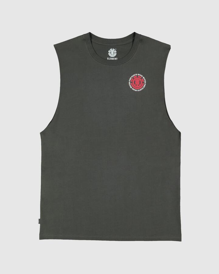 Image of a model wearing Tops. Productname: Element - Mens Seal Bp Muscle Top - Off Black - in Off Black colour by brand - Element