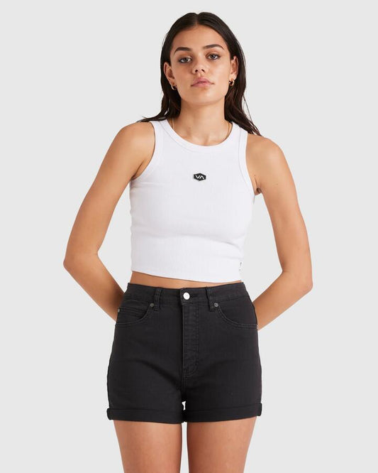 Image of a model wearing Shorts. Productname: RVCA - Womens Show Up Denim Shorts - Washed Black - in Washed Black colour by brand - RVCA