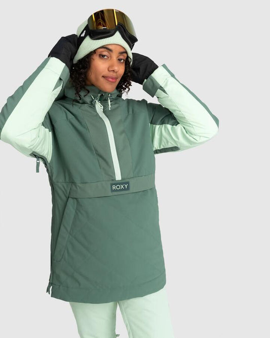 Image of a model wearing Outerwear. Productname: Roxy - Womens Radiant Lines Overhead Snow Jacket - Dark Forest - in Dark Forest colour by brand - Roxy