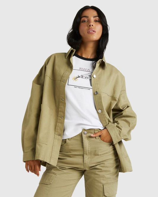 Image of a model wearing Outerwear. Productname: RVCA - Womens Rangers Casual Jacket - Herb - in Herb colour by brand - RVCA