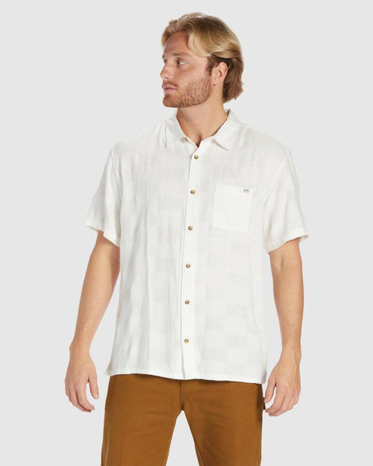 Image of a model wearing Tops. Productname: Billabong - Mens Sundays Jacquard Short Sleeve Shirt - Off White - in Off White colour by brand - Billabong