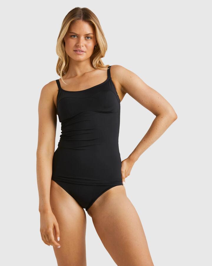 Image of a model wearing Tops. Productname: Billabong Womens Sol Searcher D/Dd Tankini Top Black Pebble - in Black Pebble colour by brand - Billabong