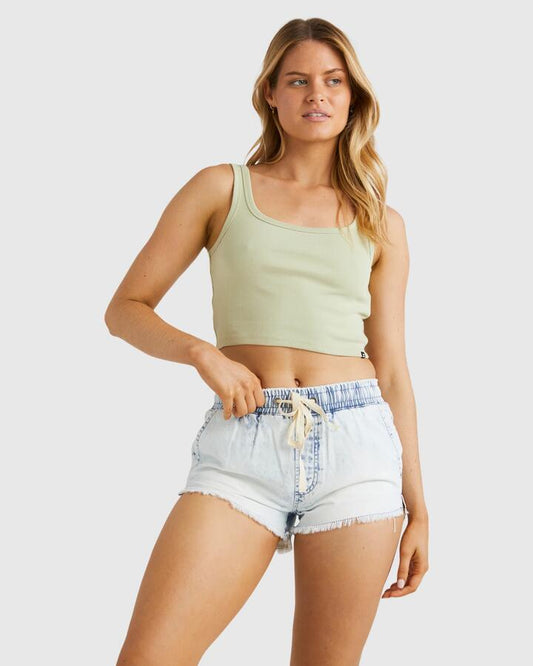 Image of a model wearing Tops. Productname: Billabong - Womens Sun Goddess Tank Top - Light Avocado - in Light Avocado colour by brand - Billabong