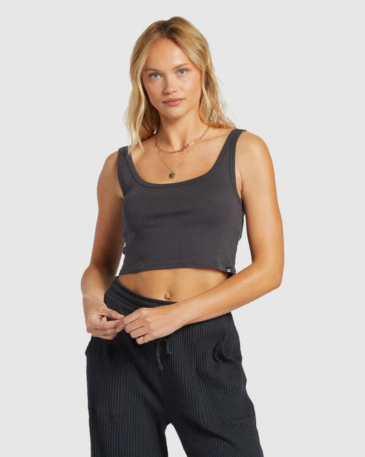 Image of a model wearing Tops. Product name - Billabong Womens Sun Goddess Tank Top Black Sands in Black Sands colour by brand - Billabong