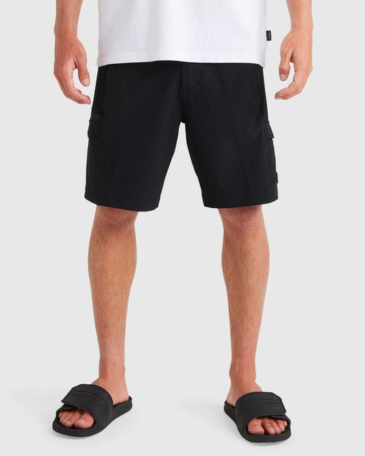 Image of a model wearing Shorts. Productname: Quiksilver - Mens Chopper Amphibian 19" Hybrid Shorts - Black - in Black colour by brand - Quiksilver