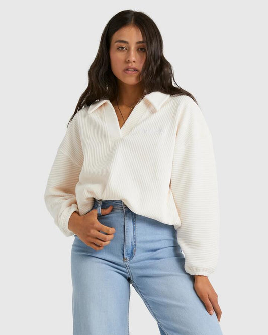 Image of a model wearing Tops. Productname: Billabong - Womens Good Day 2 Polo Long Sleeve Shirt - Salt Crystal - in Salt Crystal colour by brand - Billabong