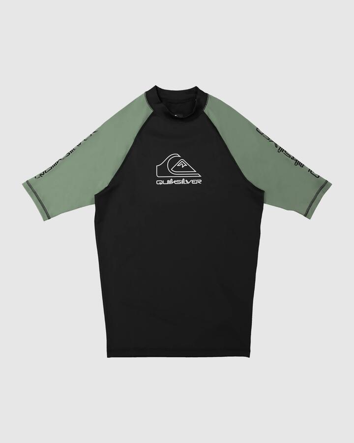Image of a model wearing Tops. Productname: Quiksilver - Mens On Tour Short Sleeve Rash Vest - Laurel Wreath - in Laurel Wreath colour by brand - Quiksilver