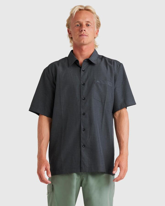 Image of a model wearing Tops. Productname: Quiksilver - Mens Centinela 4 Short Sleeve Shirt - Black Centinella - in Black Centinella colour by brand - Quiksilver