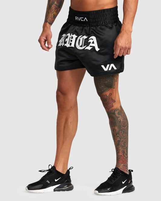 Image of a model wearing Shorts. Productname: RVCA - Mens Muay Thai Mod Performance Shorts - Black - in Black colour by brand - RVCA
