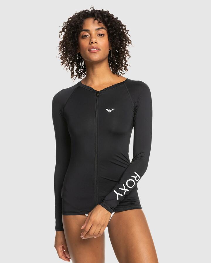 Image of a model wearing Tops. Productname: Roxy - Womens New Essentials Lycra Long Sleeve Rash Vest - Anthracite - in Anthracite colour by brand - Roxy