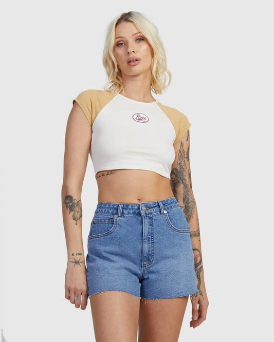 Image of a model wearing Shorts. Product name - RVCA Womens Pacific Denim Shorts Washed Blue in Washed Blue colour by brand - RVCA